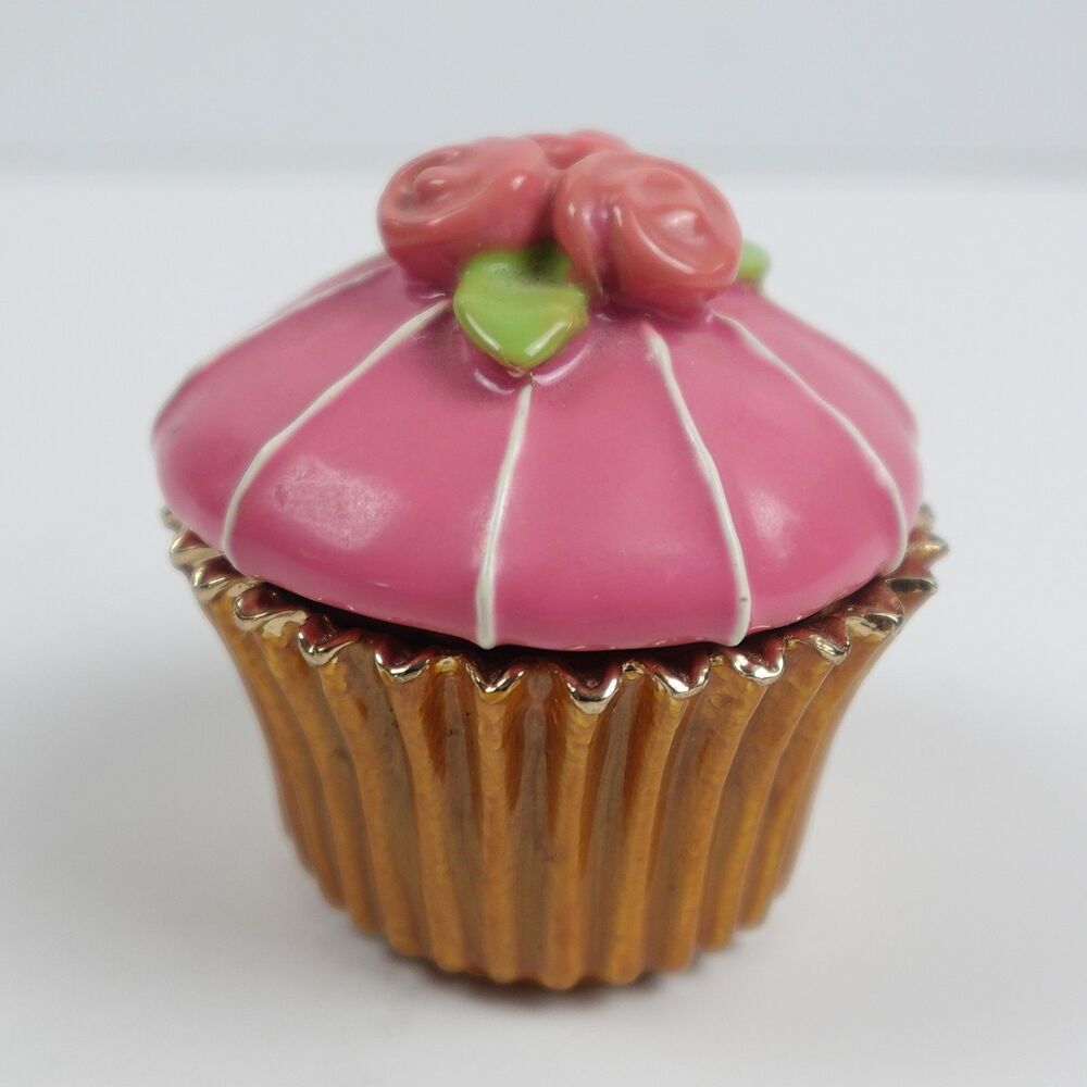 Pink Cupcake Trinket Box Hinged Enamel Gold Tone Decorative Figurine